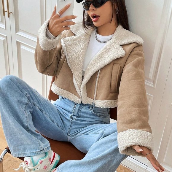 Boho Faux Teddy Lined Zip Up Moto Cropped Jacket Khaki